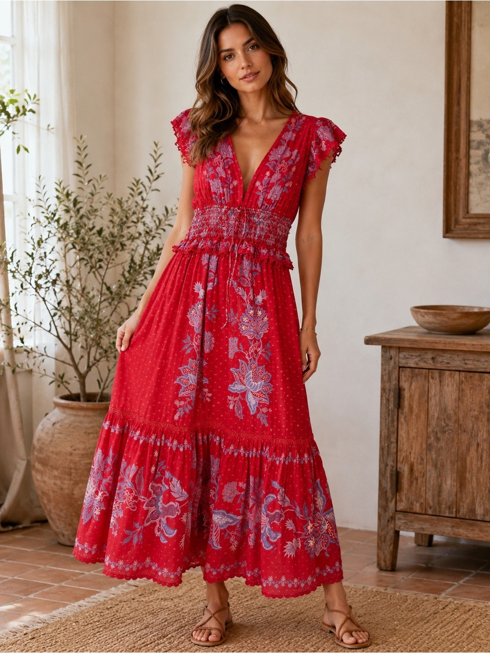 FARM Rio Red Midi Dress with Lavender Floral Print